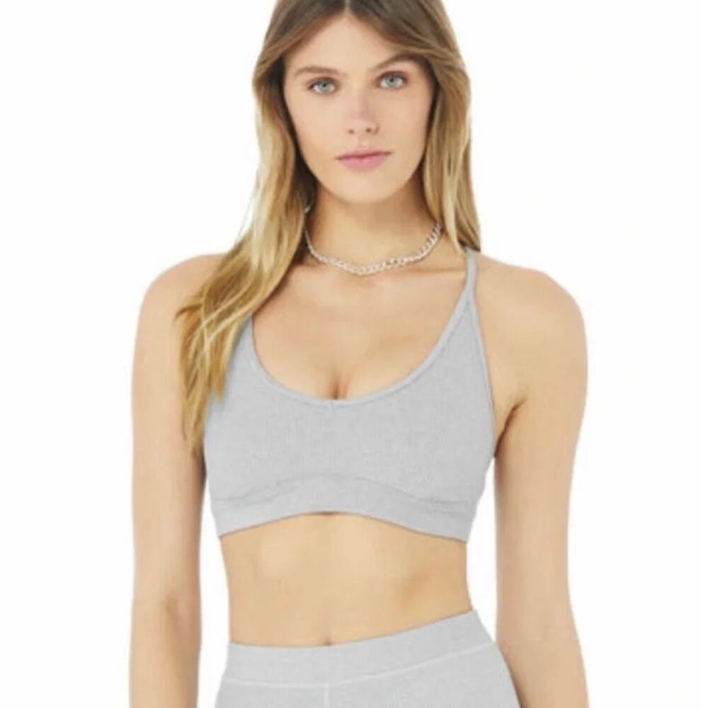 NWT Alo Yoga Ribbed Blissful Sports Bra Gray Heather Sports Gym Workout Size XS